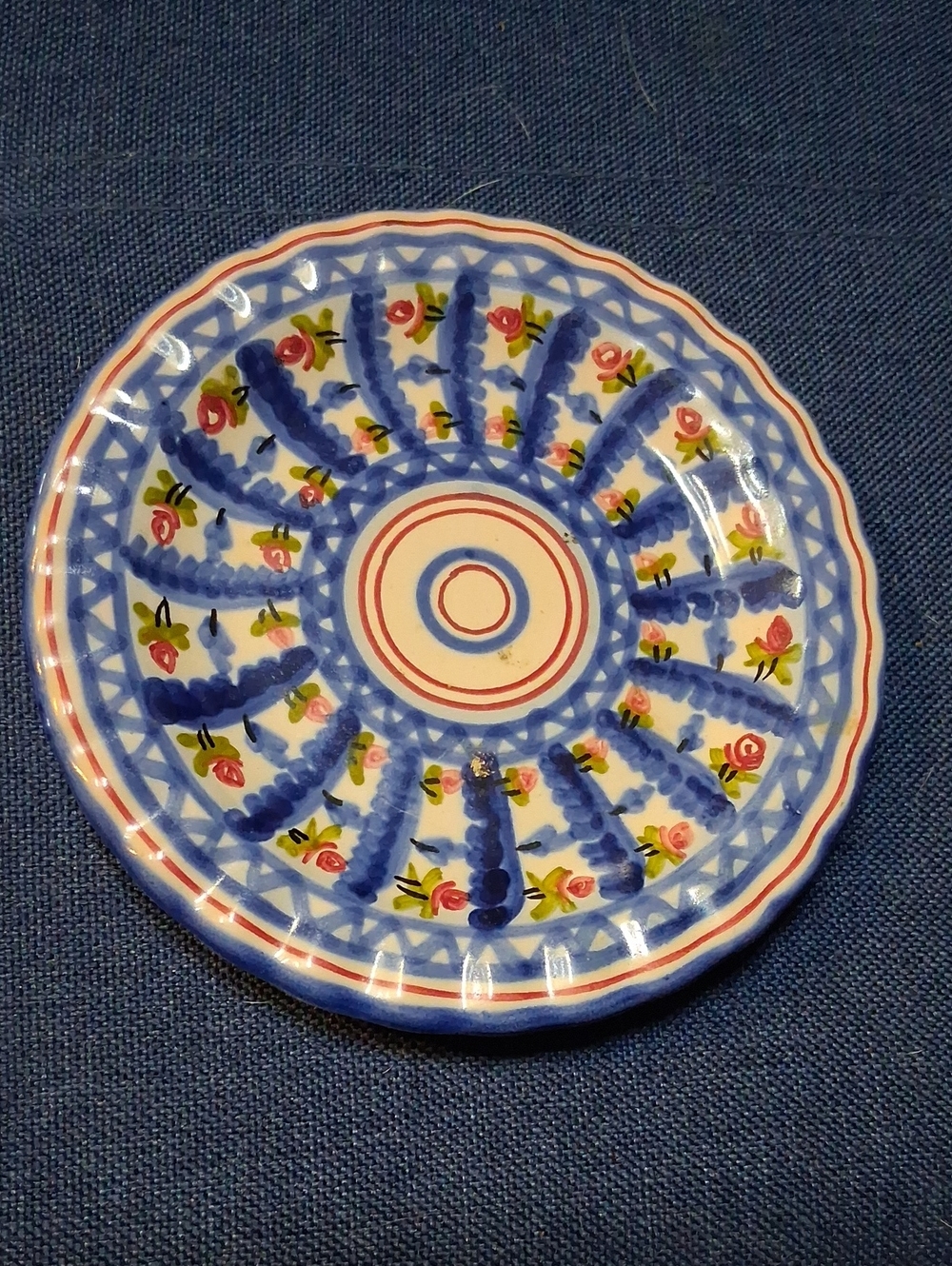 Vintage Seville Spain HandPainted Blue Floral Ceramic DishWhite,Blue, Red &Green